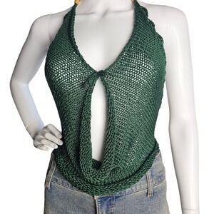 Handmade Knit Halter Top | Women | Green | S/M | Boho | Cowl Neck Drop